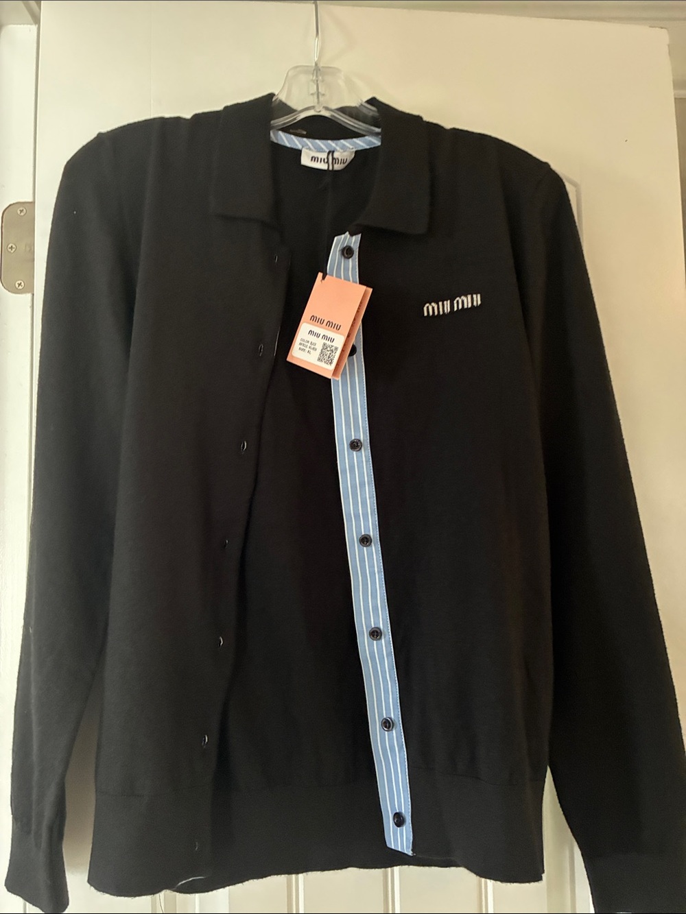 Miu Miu Black Cardigan with Light Blue Stripe Placket